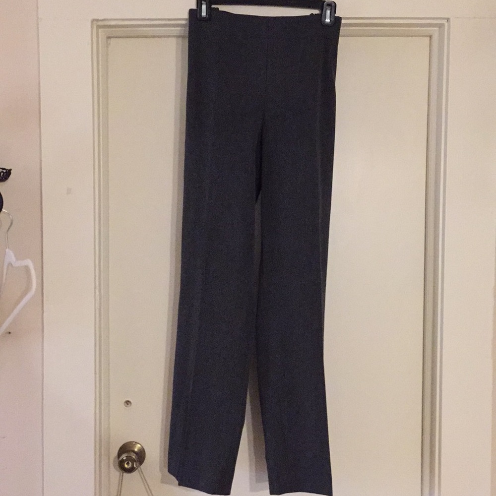 Gray straight-leg pants.